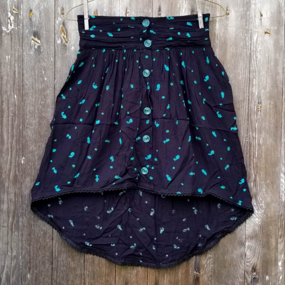 VTG 80s Turquoise & Black Button Up High Low Skirt